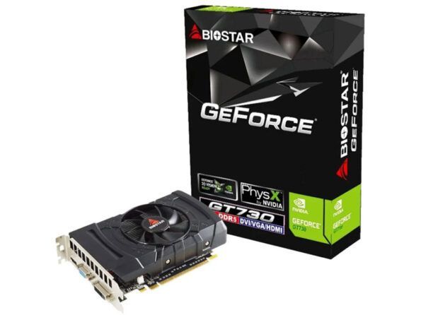 کارت گرافیک بایواستار مدل GT 730 2GB پردازنده گرافیکی NVIDIA GeForce نوع حافظه GDDR5 با پورت خروجی تصویر HDMI ، DVI-D ، VGA